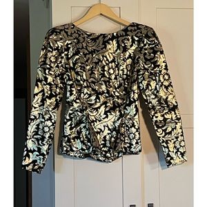 Gold lame and flocked black velvet party top, slight V button back, peplum sz3/4